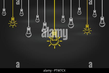 Light bulbs on a blackboard background. Creativity concept with innovation or inspiration in global business, thinking outside the box. Business strat Stock Vector