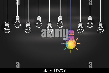 Light bulbs on a blackboard background. Human resources concept, recruiting eople with new ideas, thinking outside the box. Strategy and leadership. P Stock Vector