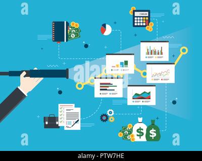 Hand with lunette analyzing investment charts and business icons. Business prediction and vision concept, financial investment, growth, success. Stock Vector