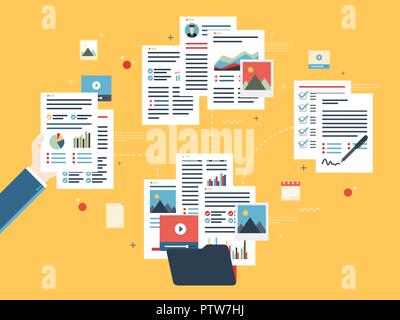 Folder with finance documents, data file, video and photo. Hands with data sheets in analysis. Contract agreement signature. Business paperwork organi Stock Vector