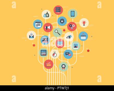 Tree with white lines and colorful circles with business icons. Concept integration, innovation in business, technology in communication and social me Stock Vector