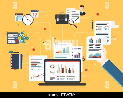Report with investment data and graphs and growth on laptop screen and businessman hand. Calendar icon, calculator, money, briefcase and documents. Fl Stock Vector