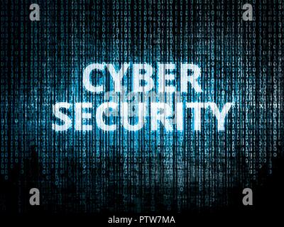 Binary code in background, encrypted data protected by security system and text Ciber security Stock Vector