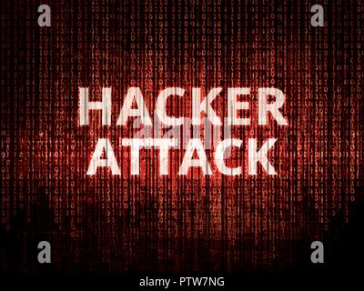 Text hacker attack on background with binary encoding in red.  Concept of invasion of privacy, hacker attack, computer attack by virus, ransomware, ma Stock Vector