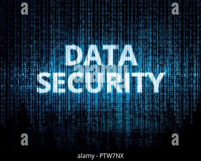Binary code in background, encrypted data protected by security system and text data security