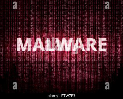 Text malware on background with binary encoding in red.  Concept of invasion of privacy, hacker attack, computer attack by virus, ransomware, malware  Stock Vector