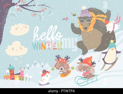 Happy cute animals playing winter games. Hello winter Stock Vector
