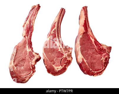 three Dry aged raw tomahawk beef steaks isolated on white background, front view, close-up Stock Photo