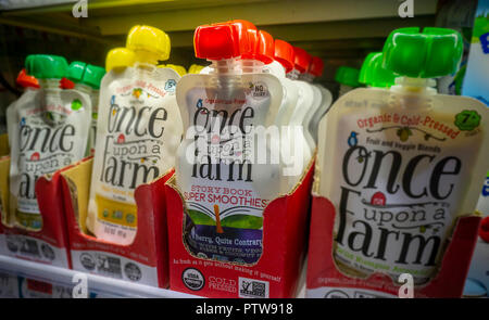 Containers of 'Once Upon A Farm' organic, cold-pressed baby food is seen in a supermarket in New York on Wednesday, October 10, 2018. The better-for-you company is reported to have received $20 million Series B funding via CAVU Venture Partners. The actress Jennifer Garner is listed as chief brand officer of the startup started by Cassandra Curtis and Ari Raz. (©ÊRichard B. Levine) Stock Photo