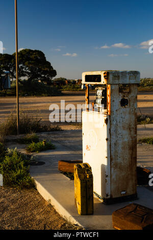 Old petrol bowser at the historic Koonalda Homestead on the old Eyre highway, Nullarbor National Park South Australia Stock Photo