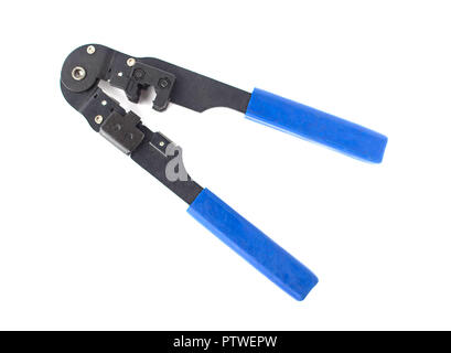 Tool for crimping and stripping of connectors, network cable, close-up, isolate Stock Photo