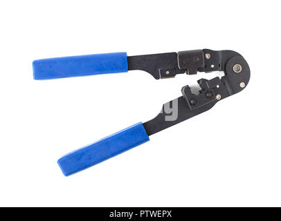 Tool for crimping and stripping of connectors, network cable, close-up, isolate Stock Photo