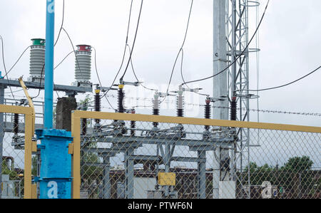 Power transformer in high voltage switchyard in modern electric substation, power Stock Photo