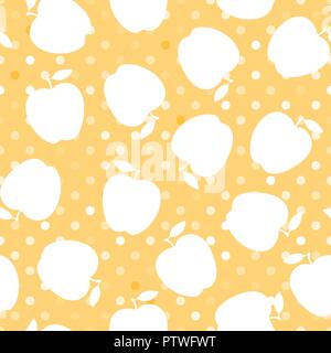 Apple white silhouette on a yellow polka dot. Seamless pattern. Vector illustration. Stock Vector