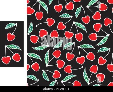 Hand drawing Cherry berry Fashion sketch seamless pattern isolated on black background. Vector illustration print design. Stock Vector