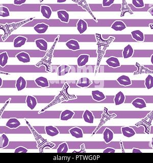 Bright design print fabric. Seamless pattern. Illustration purple ink Eiffel Tower and kiss lips. Abstract ornament hand drawing. Vector illustration is isolated on a purple white striped Stock Vector