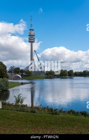 Munich Olympic Tower with the lake in the foreground. Stock Photo