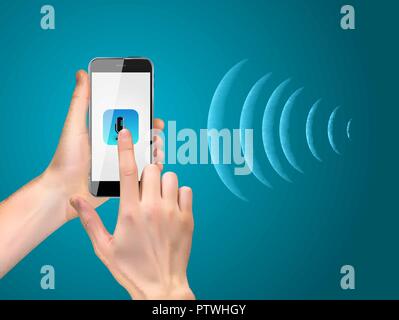 Hand with mobile phone with microphone button and intelligent technologies in flat style.  Personal assistant and voice recognition concept. Vector Illustration Stock Vector