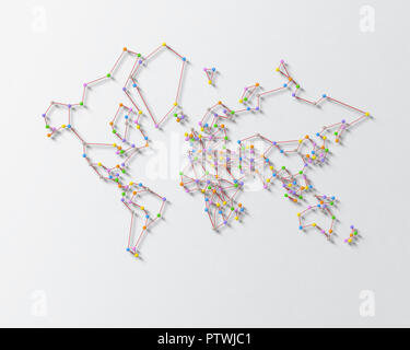 World map made from pins and multicoloured string against white background Stock Photo
