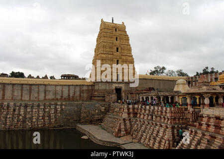 The prominent Virupaksha Temple (still in use) of Hampi. Taken in India, August 2018. Stock Photo