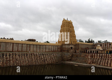 The prominent Virupaksha Temple (still in use) of Hampi. Taken in India, August 2018. Stock Photo