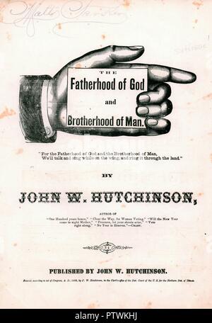 Sheet music cover for the Hutchinson Singers' pro-suffrage song 'The Fatherhood of God and Brotherhood of Man,' with an illustration of a male hand holding a title card, published in Illinois, by John W Hutchinson, for the American market, 1868. () Stock Photo