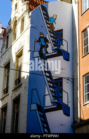 Graffiti, comic, Tintin and Struppi, wall painting on a house wall, Brussels, Belgium Stock Photo