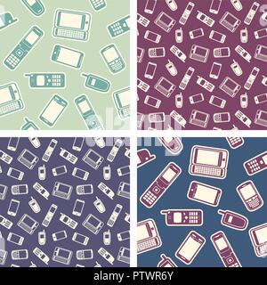 Set of trendy seamless patterns.  Abstract vector wallpapers. Background with silhouettes of smartphones and cell phones. Use for fabric design, patte Stock Vector