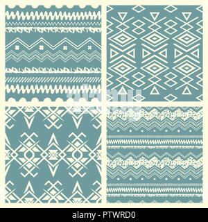 Set of hand drawn painted ethnic seamless patterns with grunge effect. Tribal  traditional pattern of American indians. Use for wallpaper, pattern fil Stock Vector