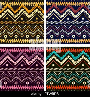 Set of hand drawn painted ethnic seamless patterns with grunge effect. Tribal  traditional pattern of American indians. Use for wallpaper, pattern fil Stock Vector