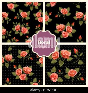 Set of trendy seamless patterns with beautiful flowers. Abstract vector backdrops. Hand-drawn backgrounds with red roses. Use for fabric design, patte Stock Vector