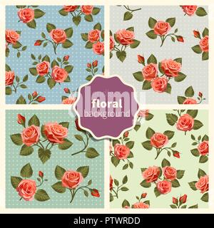 Set of trendy seamless patterns with beautiful flowers. Abstract vector backdrops. Hand-drawn backgrounds with red roses. Use for fabric design, patte Stock Vector