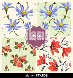 Set of trendy seamless patterns with beautiful flowers. Abstract vector backdrops. Hand-drawn backgrounds with red roses. Use for fabric design, patte Stock Vector