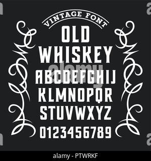 Old whiskey label font. Letters and numbers in vintage style. Calligraphic design elements Stock Vector