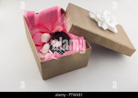 Car keys in gift box, gift, car keys on white background Stock Photo