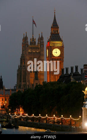 Big Ben / Elizabeth Tower at the Palace of Westminster and the Victoria Tower (rear), London, England. Stock Photo