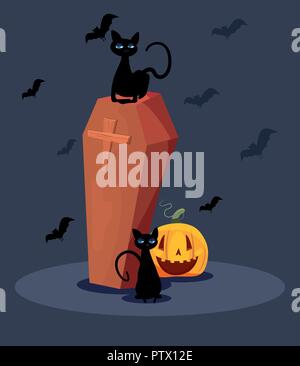 black cats and coffin trick or treat - happy halloween vector ...