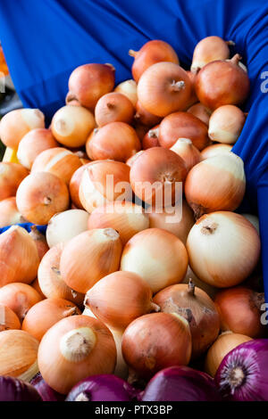 Yellow onions on display at the farmers market Stock Photo