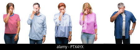 Collage of group of middle age and senior people over isolated background tired rubbing nose and eyes feeling fatigue and headache. Stress and frustra Stock Photo