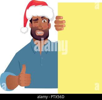 African man in christmas hat holding blank banner. African american man with board. Thumbs up vector illustration Stock Vector