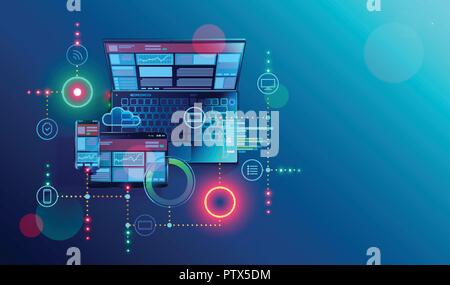 Creation responsive internet website for multiple platforms. Building mobile interface on screen of laptop, tablet, smartphone. Layout content on display devices. Conceptual banner of web technology. Stock Vector