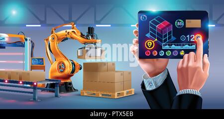 Automation of warehouse on smart factory, the robotic arm loading boxes on pallets. The application on the tablet manages the logistics of the plant. businessman holding a tablet Stock Vector