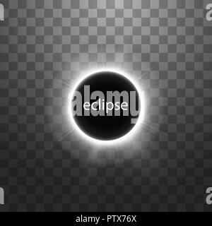 Total solar eclipse vector illustration on transparent background. Full moon shadow sun eclipse with corona vector illustration Stock Vector
