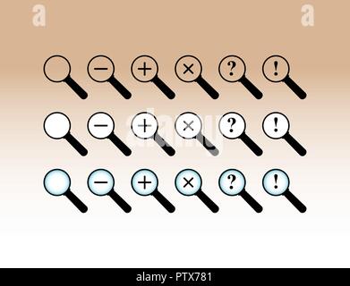 Set of 18 flat magnifying glass icons (magnifier) with an action symbol. Stock Vector