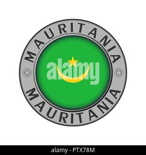 Round metal medallion with the name of the country of Mauritania and a round flag in the center Stock Vector