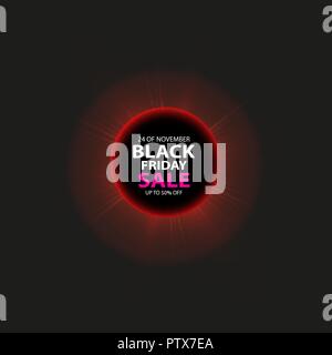 Black Friday sale and Total solar eclipse poster or banner. Glowing colorful circle with red light effect on black abstract background. Design template for shopping Stock Vector