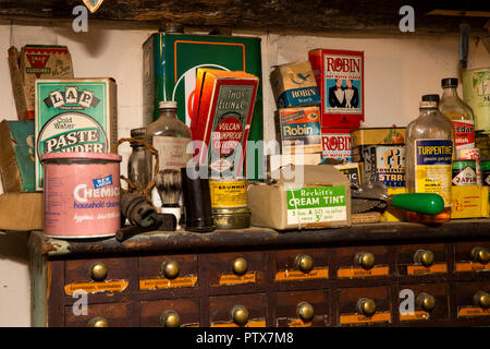 UK, Kent, Maidstone, Sandling, Kent Life open-air museum & heritage farm park, Lenham Cottages recreated shop Stock Photo