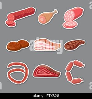 illustration of various meat products stickers, sausages, bacon and steak Stock Vector