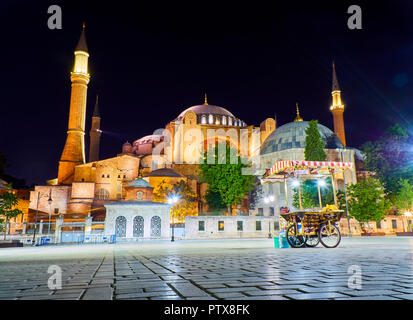 The Hagia Sophia mosque at night with a Corn cobs stall in the foreground. View from Sultanahmet Park. Istanbul, Turkey. Stock Photo