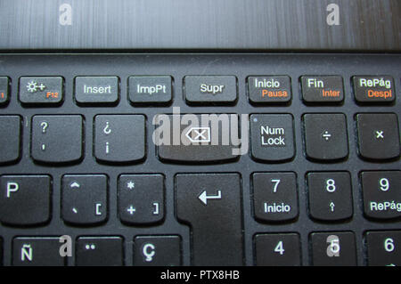 Spanish keyboard in which you can see the keys delete, start, end, backward, return, intro, among others Stock Photo